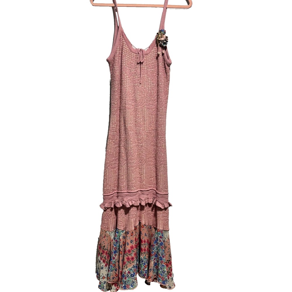 Estela Maris Pink Floral Knit Midi Dress S Boho Tassel Hem Festival Summer